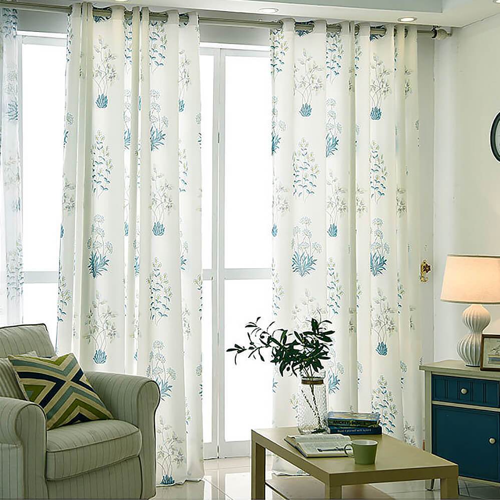 Blue Leaf White Curtains Living Room Drapes 2 Panels
