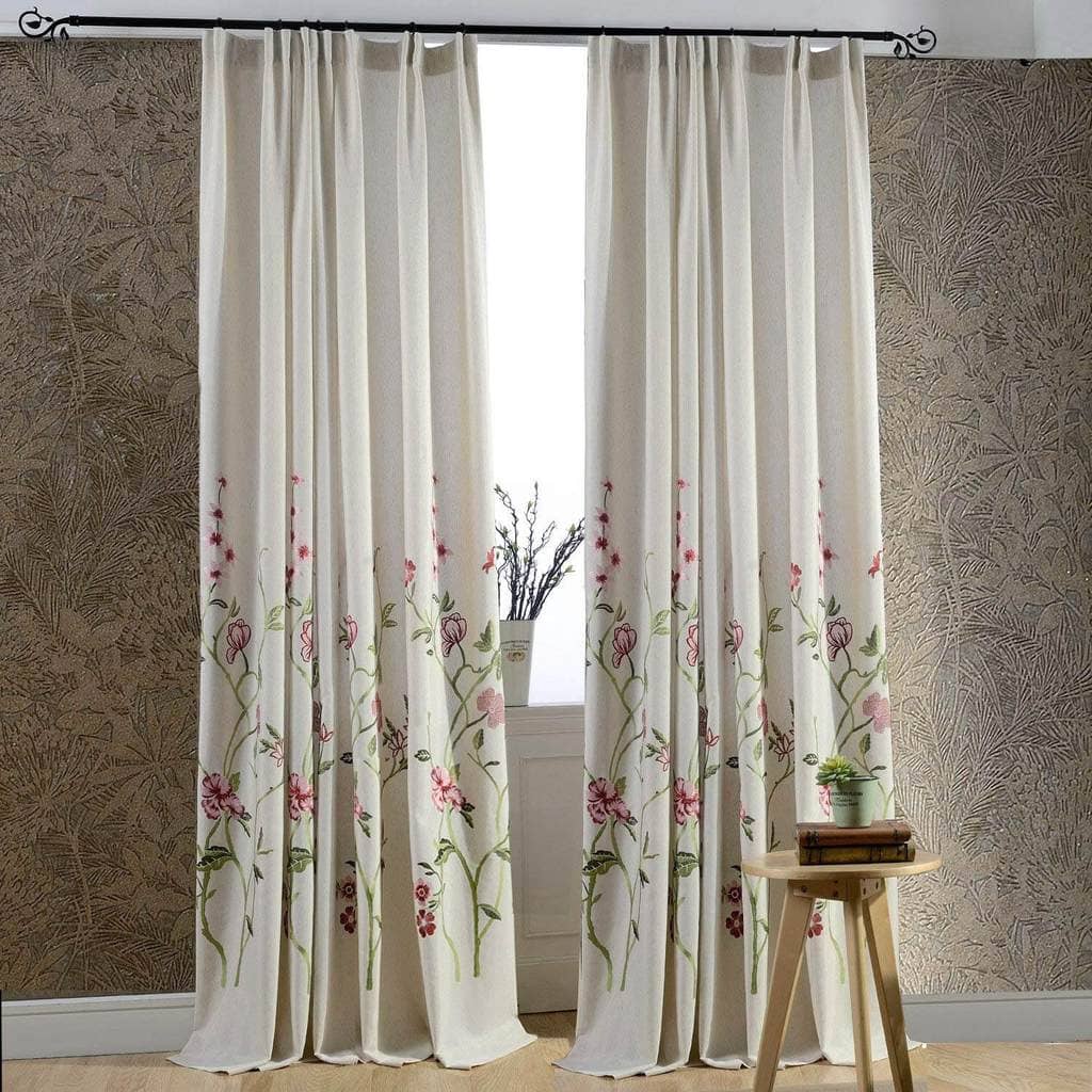 Red Flower Linen Curtains Exquisite Embroidered Drapes for Living Room