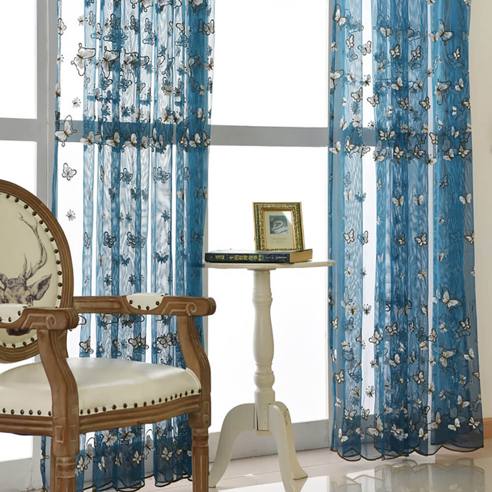 Blue Sheer Curtains White Butterfly Voile Drapes for Bedroom 1 Set of 2 Panels